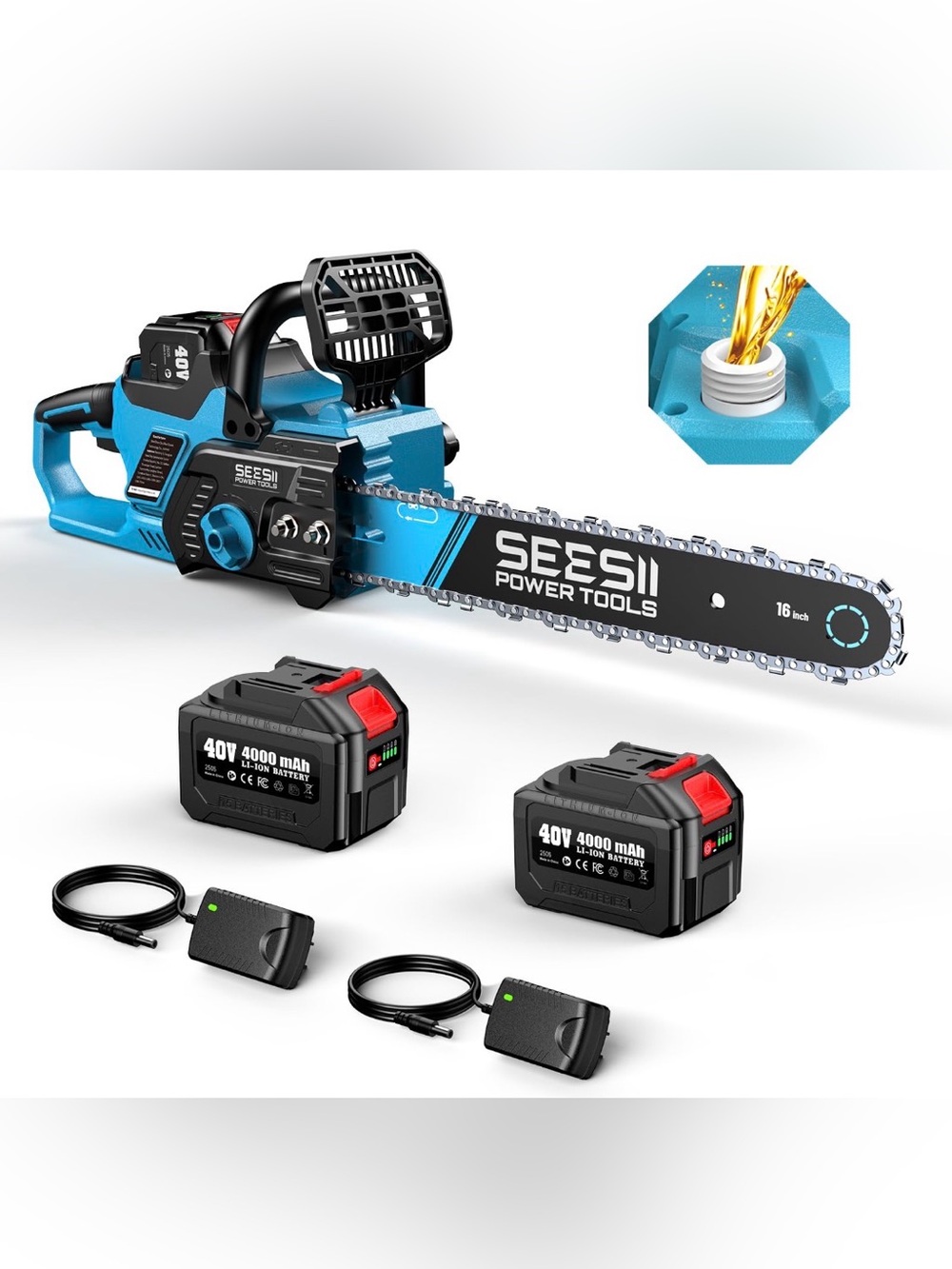 SEESII 16" Cordless Chainsaw with Dual 40V Batteries - Blue/Black
